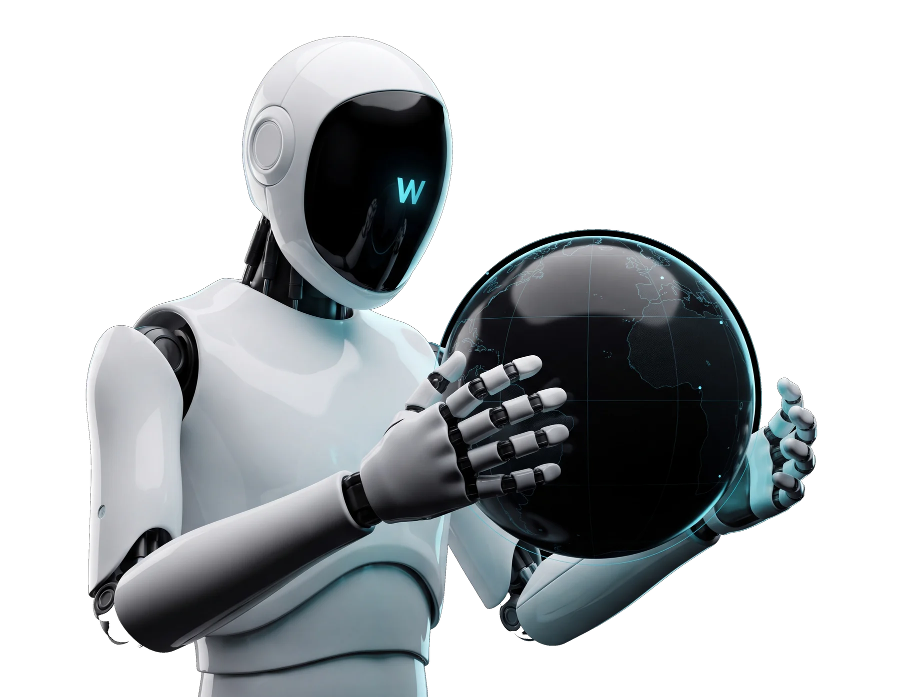 The Wave model, a white ceramic AI entity, holding a dark market globe